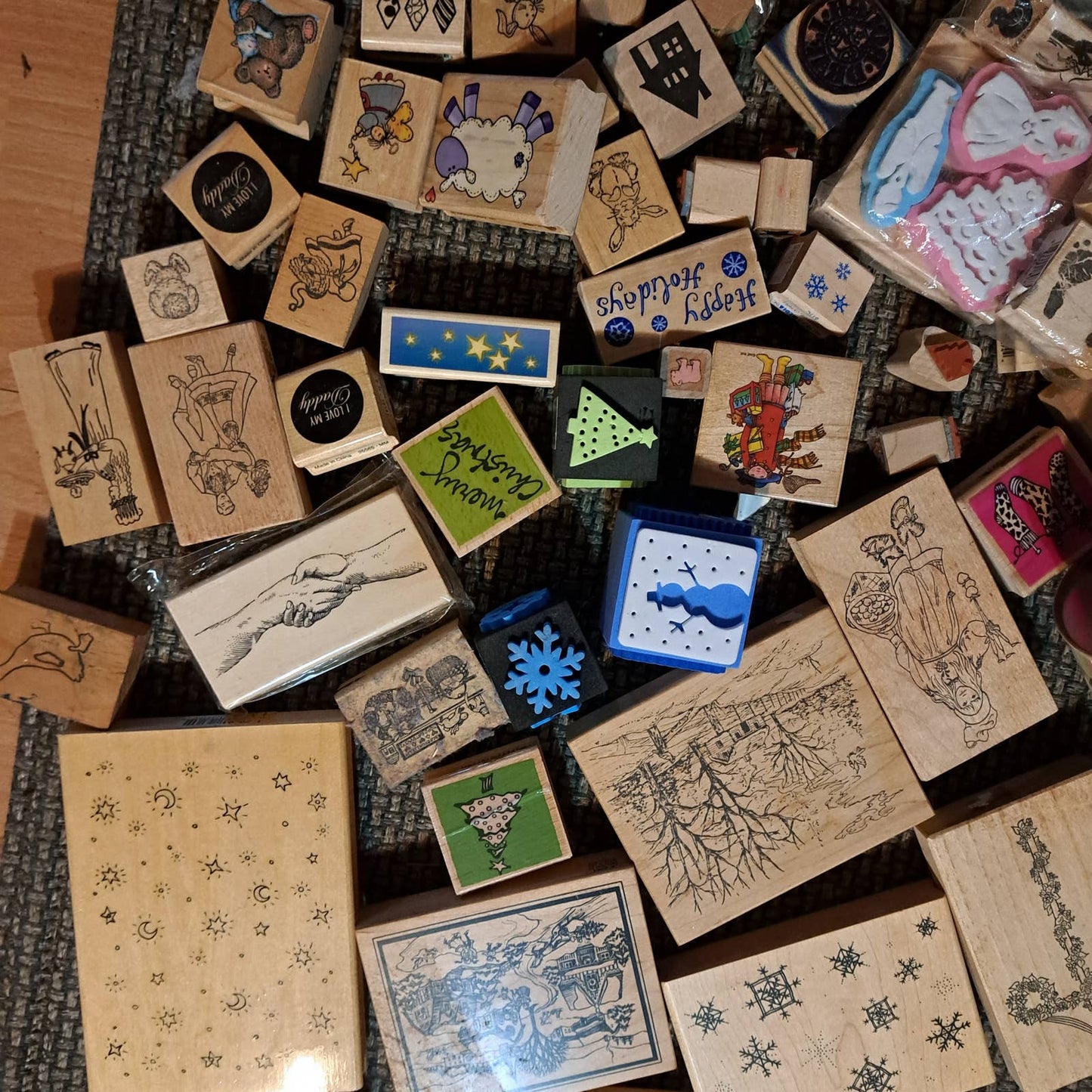 80 Plus Holiday - School - Winter-Halloween Rubber Stamps in Vintage Tin