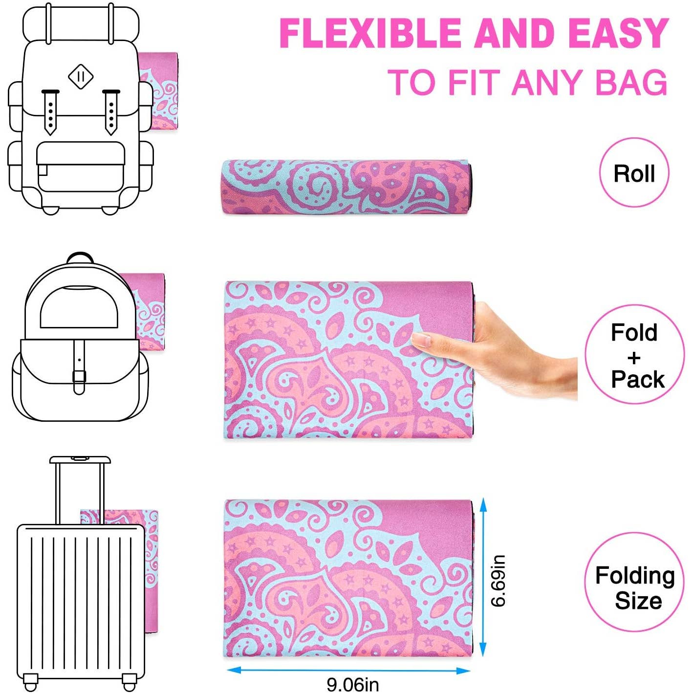 Yoga Mat Foldable Lightweight Eco-Friendly with Carrying Bag Strap, Pink