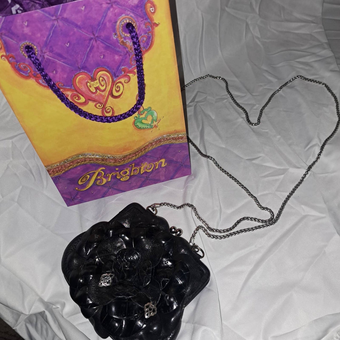 Brighton Roselie MINI Purse Flower Petal Black Leather 23" Chain Strap
