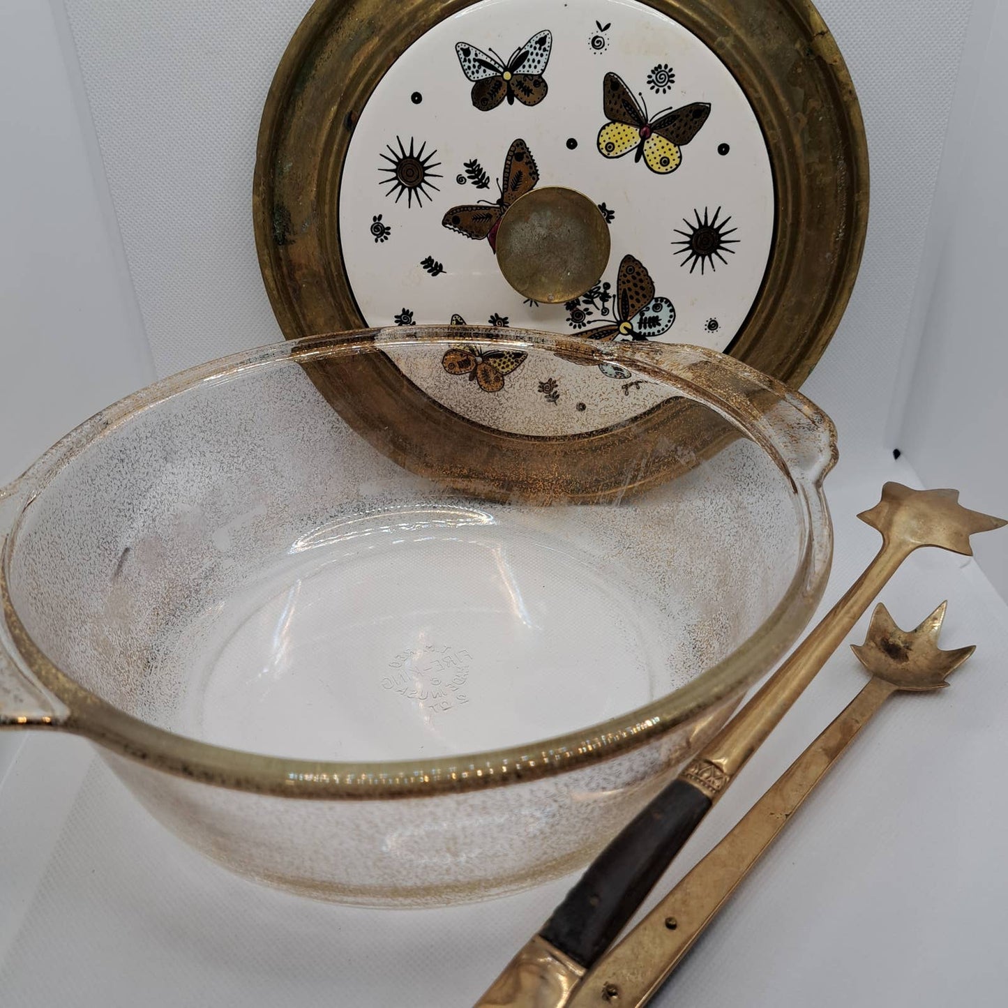 VINTAGE 1960's Georges Briard Fire King Covered Casserole in Brass, Ceramic Gold Flecked Glass, Butterfly With Tongs
