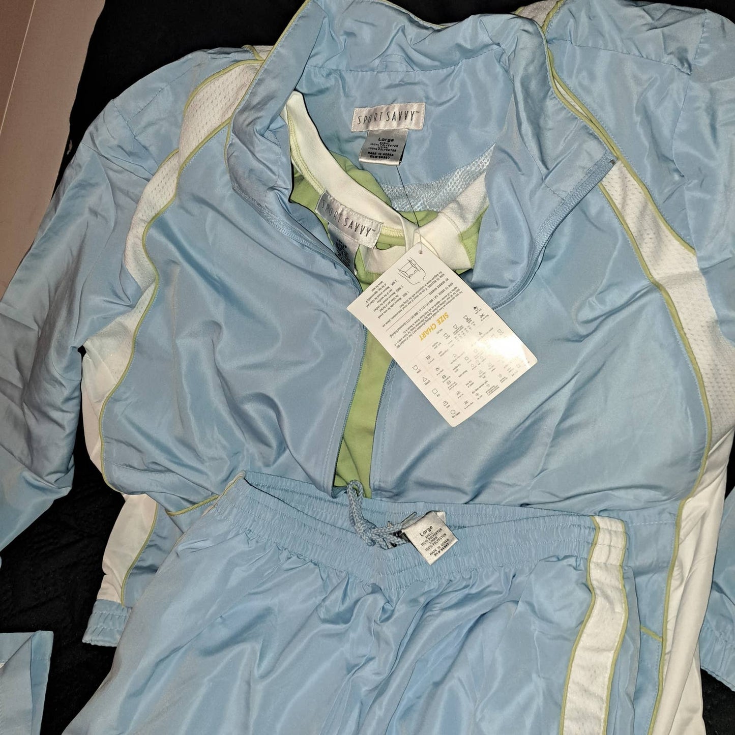 NWT-Sport Savvy 3PC Warm Up Suit Blue/Green, White Mesh Trim Large