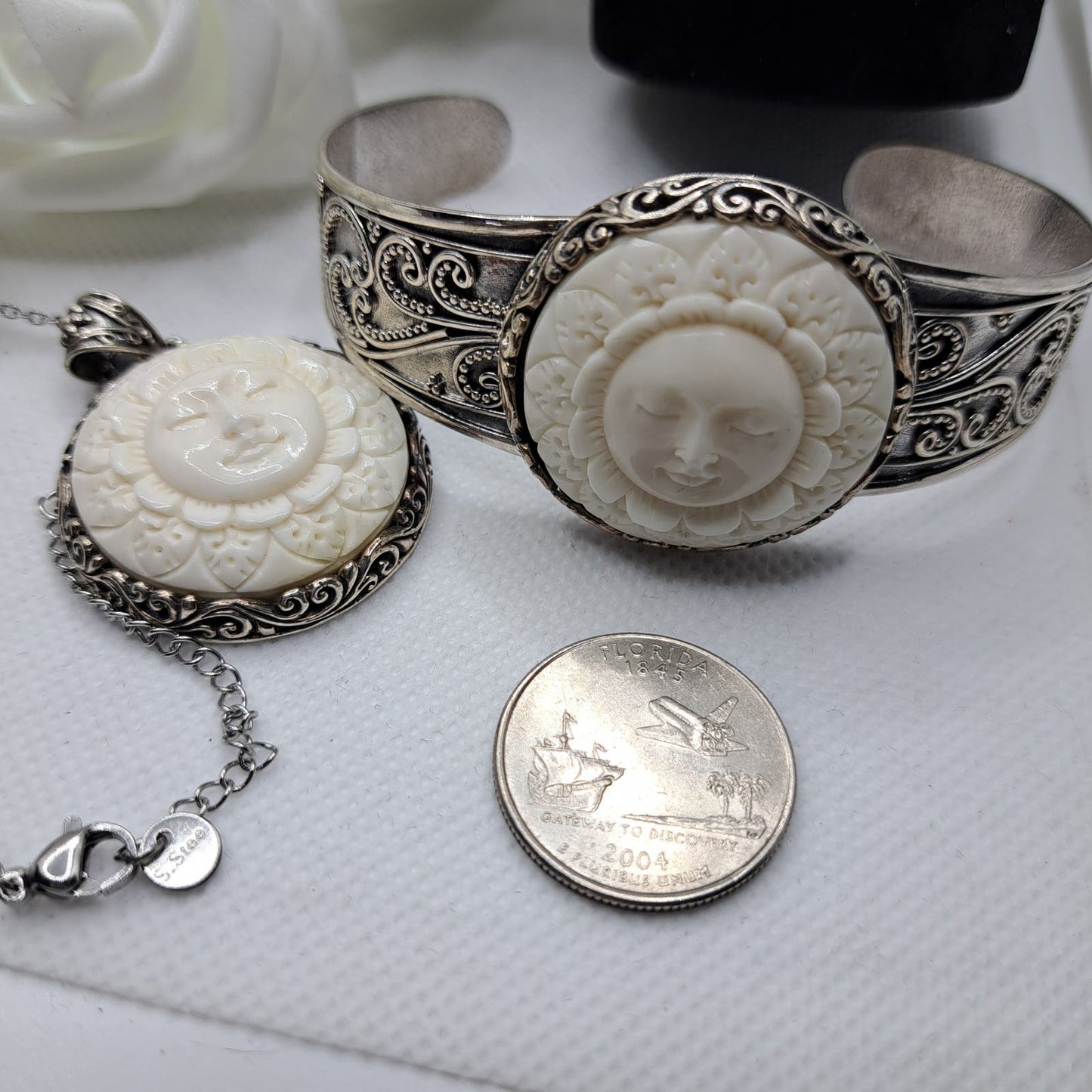 Bali Goddess Carved Cuff Bracelet and Pendant Sterling Silver with Jewelry box