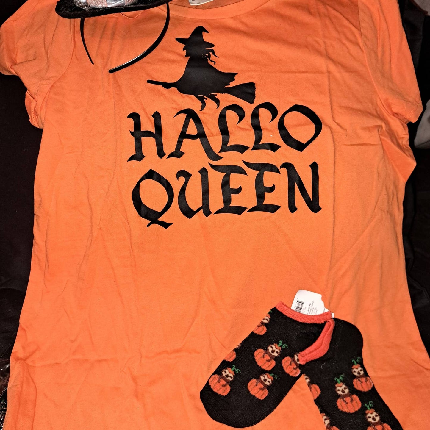 Halloween SALE! Ladies XL or Men M-L HalloQueen Tee, Sock, Pendant, Hat