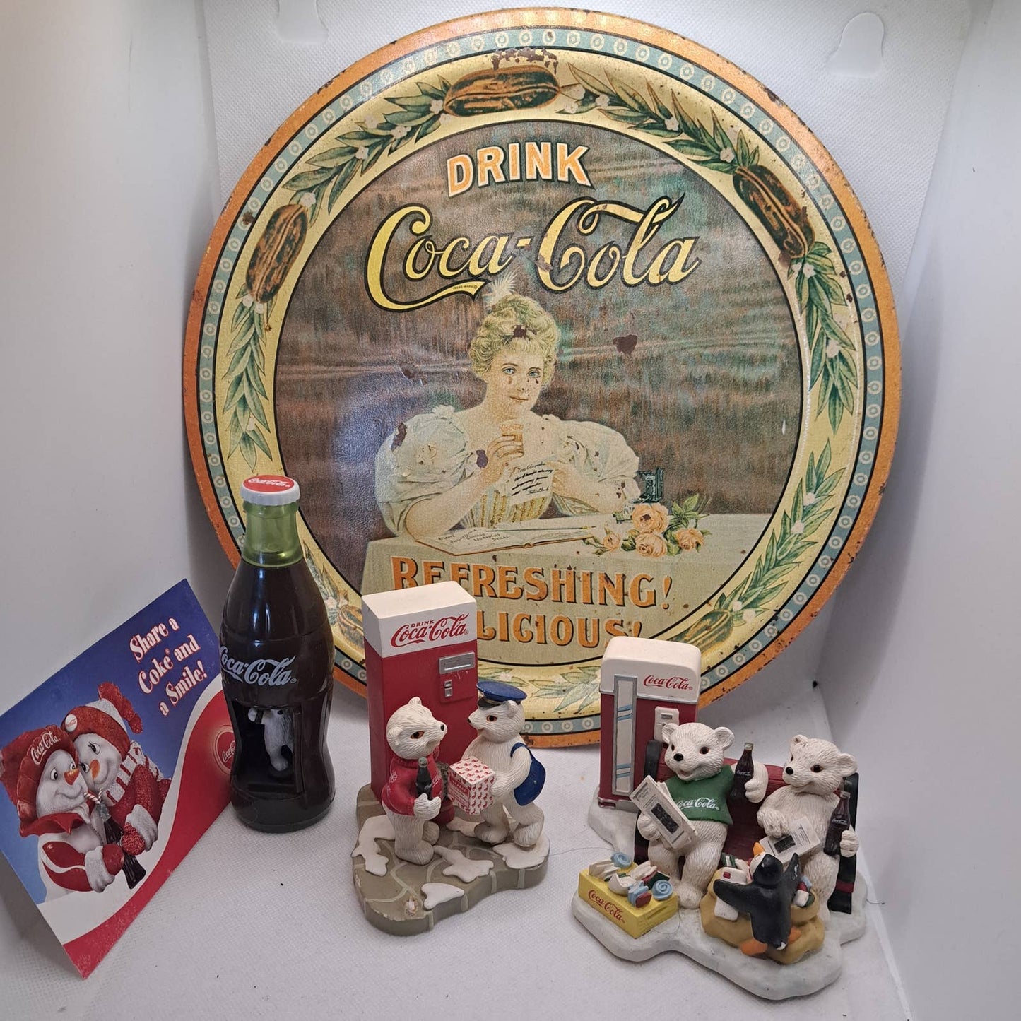 Vintage Coca Cola Ceramic Figurines & Tray Plus Twirling Coca Cola PolarBear and