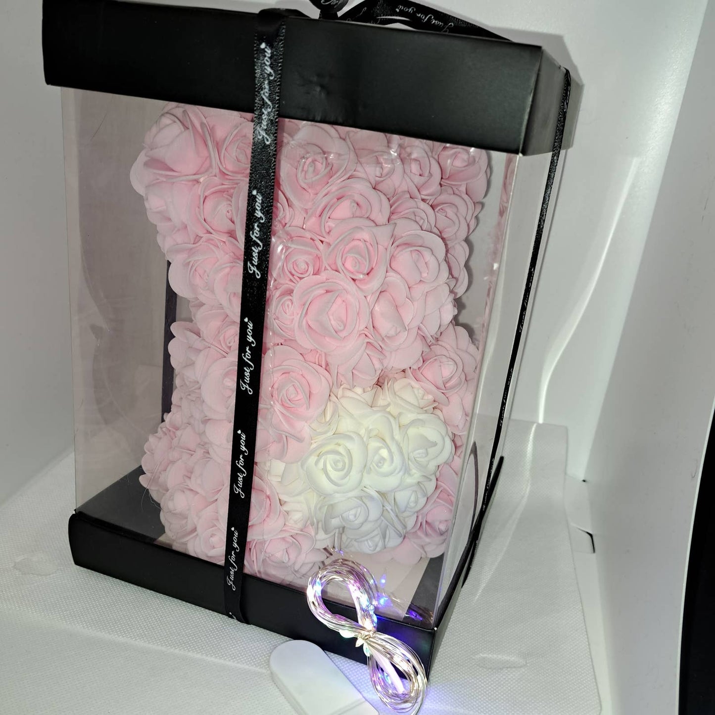 Handmade artificial rose bear pink with lights