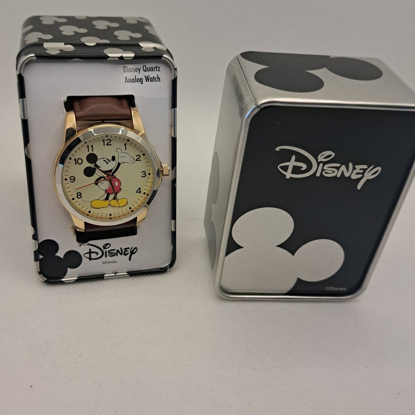 NIB- LARGE face Mickey watch brown leather Gold Trim in TIN