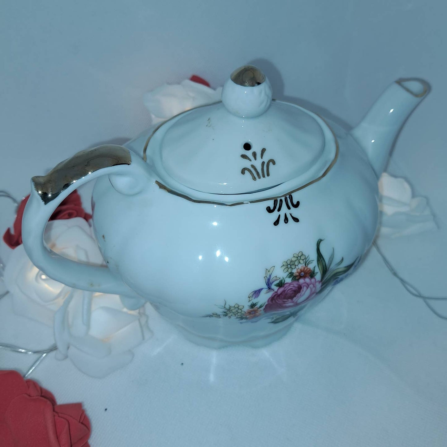 Elegant Vintage Musical Teapot with Bouquet and Gold Luster Lined Top