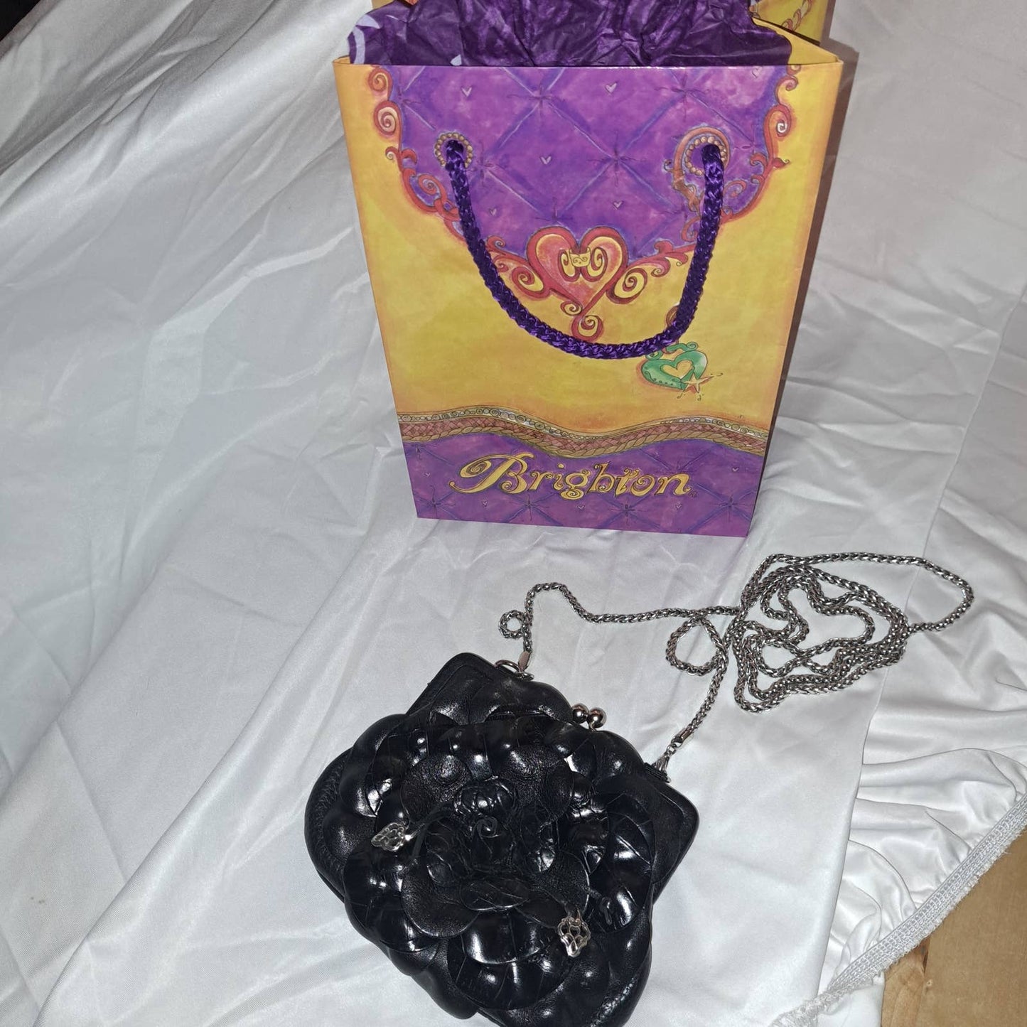 Brighton Roselie MINI Purse Flower Petal Black Leather 23" Chain Strap