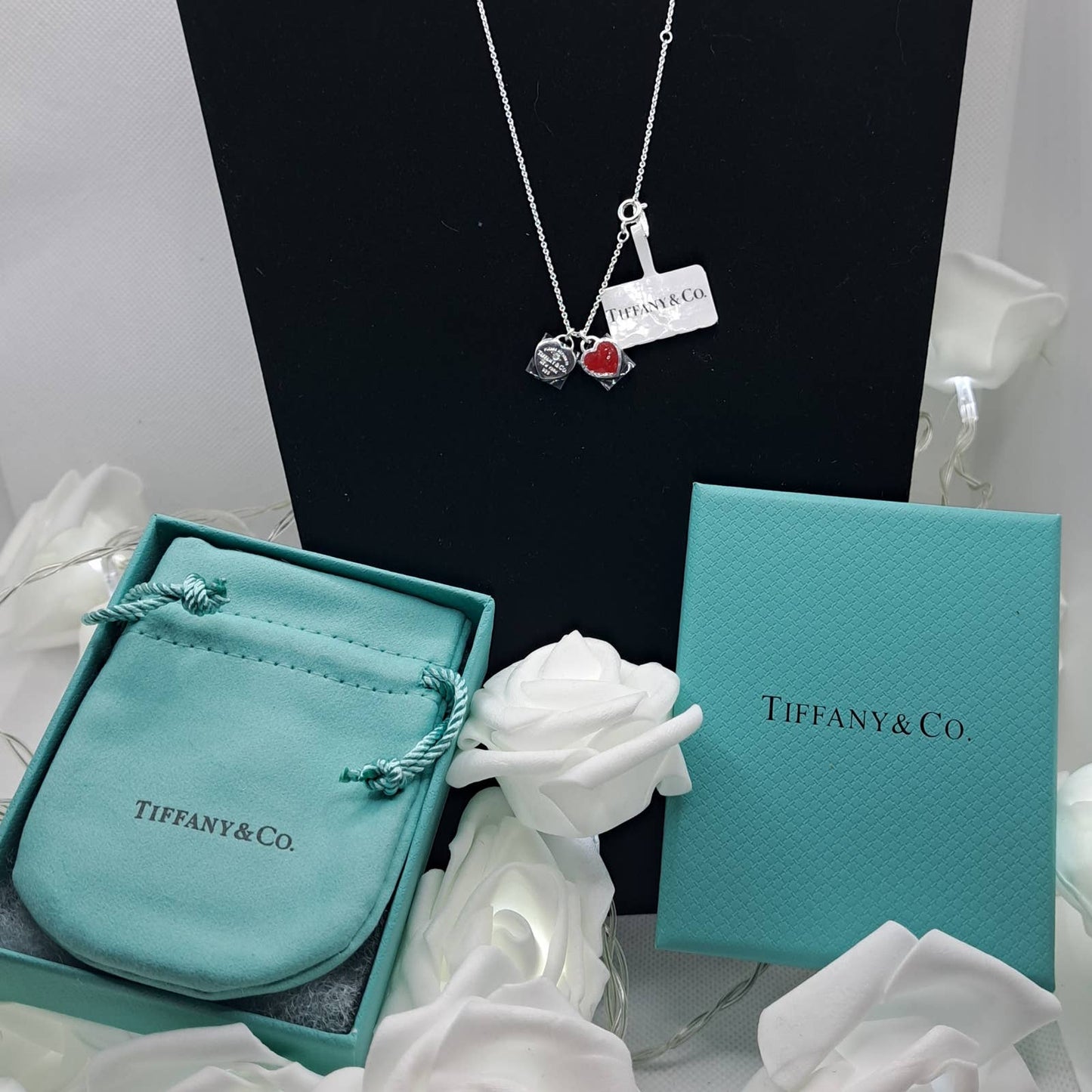 NEW Tiffany & Co. Return to Tiffany Red Double Heart Tag Pendant in Silver with Tiffany bag and box