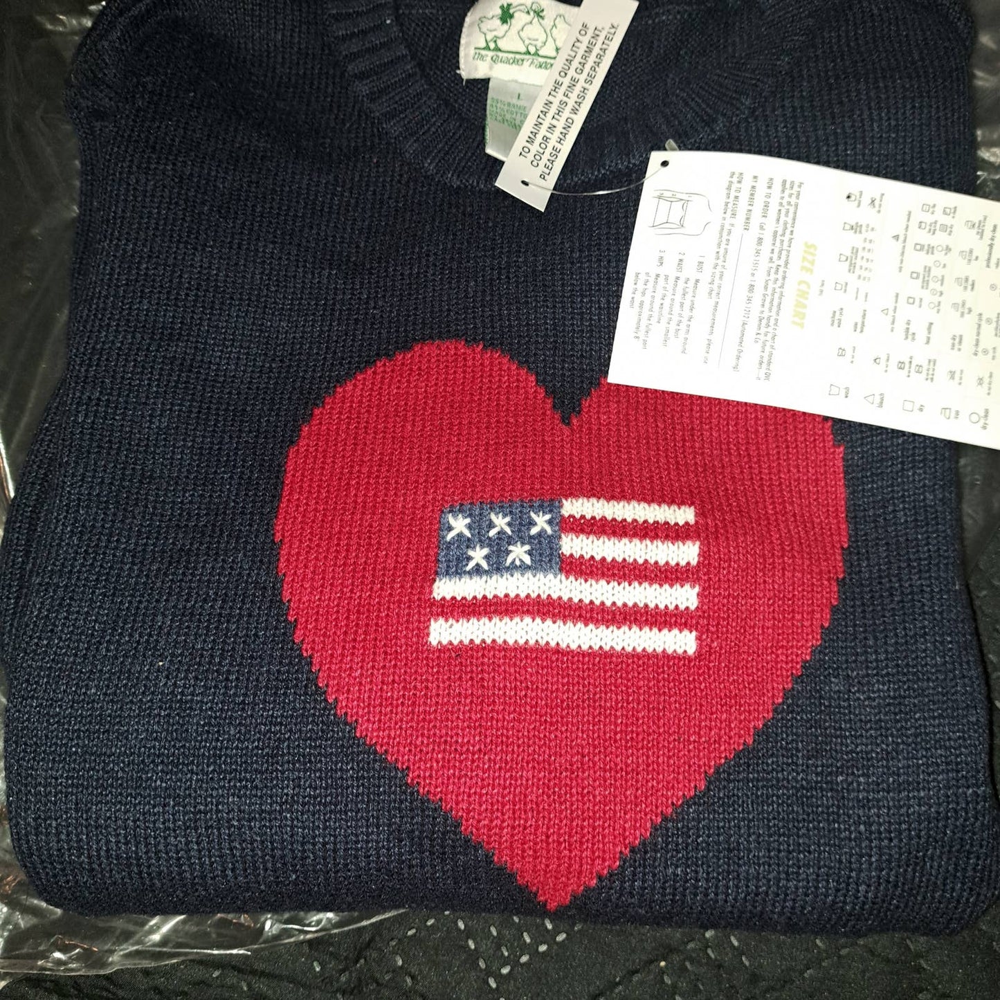 NWT- Large Quacker Factory Navy Blue Red Heart & Flag Large Sweater