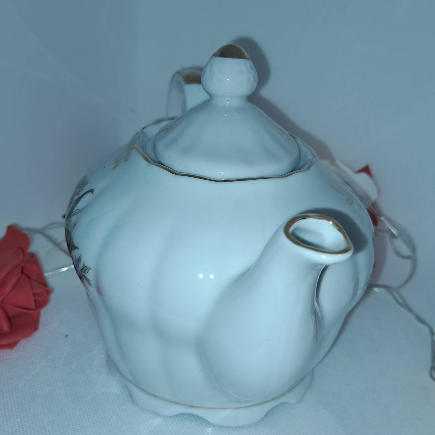 Elegant Vintage Musical Teapot with Bouquet and Gold Luster Lined Top