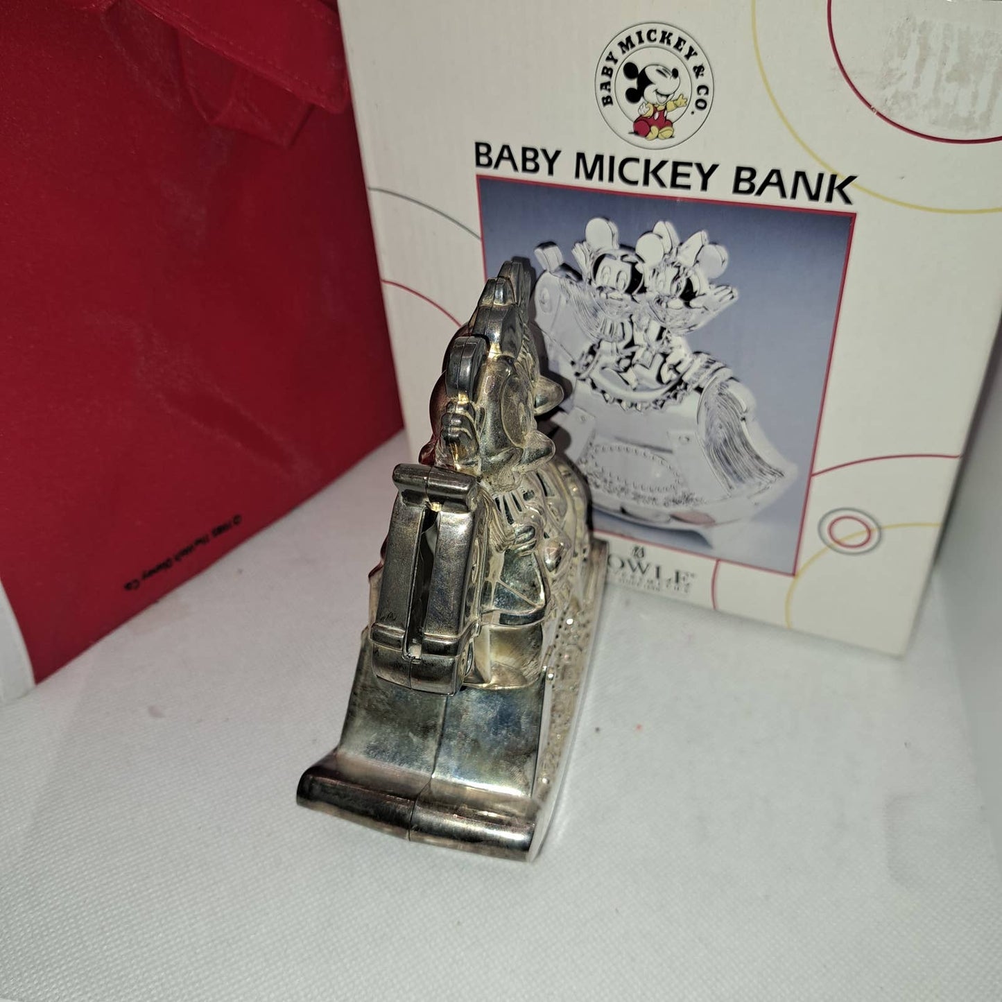 Vintage Baby Mickey & Minnie Towle Silver Plated baby bank & Wet-Dry Bag
