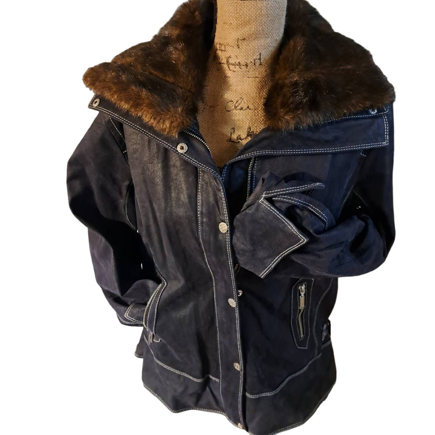 NWT-Bradley Bayou Lined INDIGO BLUE SUEDE Jacket Fur Collar & Liner Large
