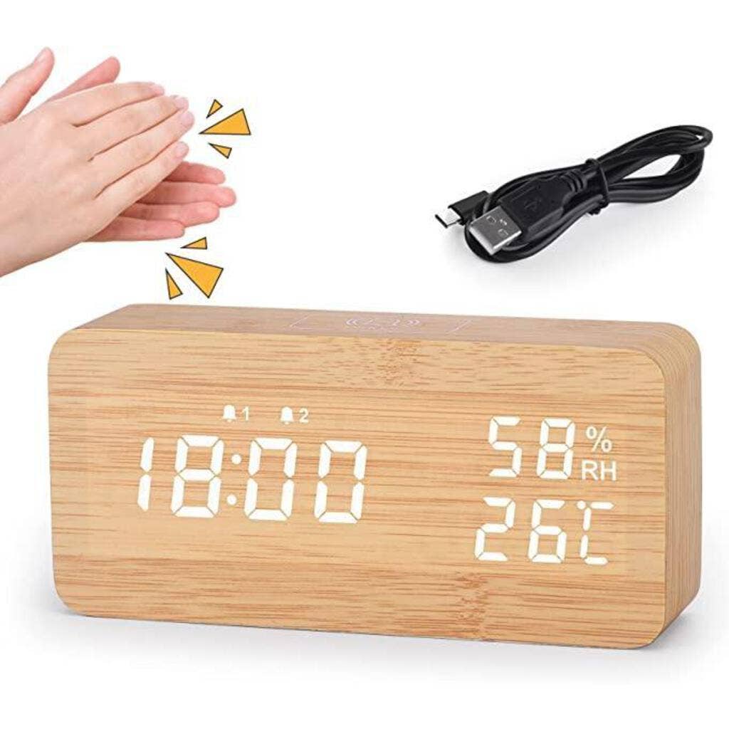 Bamboo Wood Digital Alarm Clock Adjustable Brightness Table Clock
