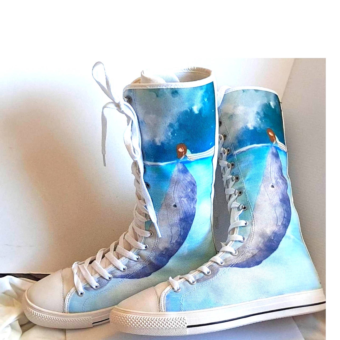 LOVE the Whales water painting on knee-high specialized sneakers NEW