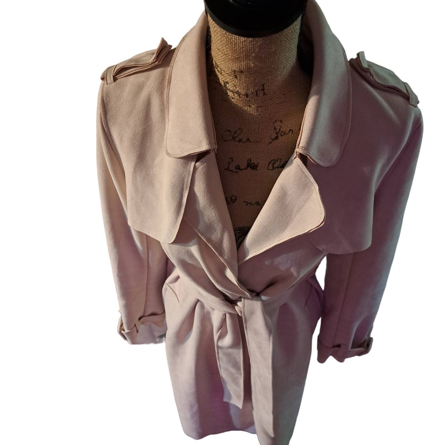T TAHARI NEW Champagne color Faux-Suede Belted Trench Coat SZ Small