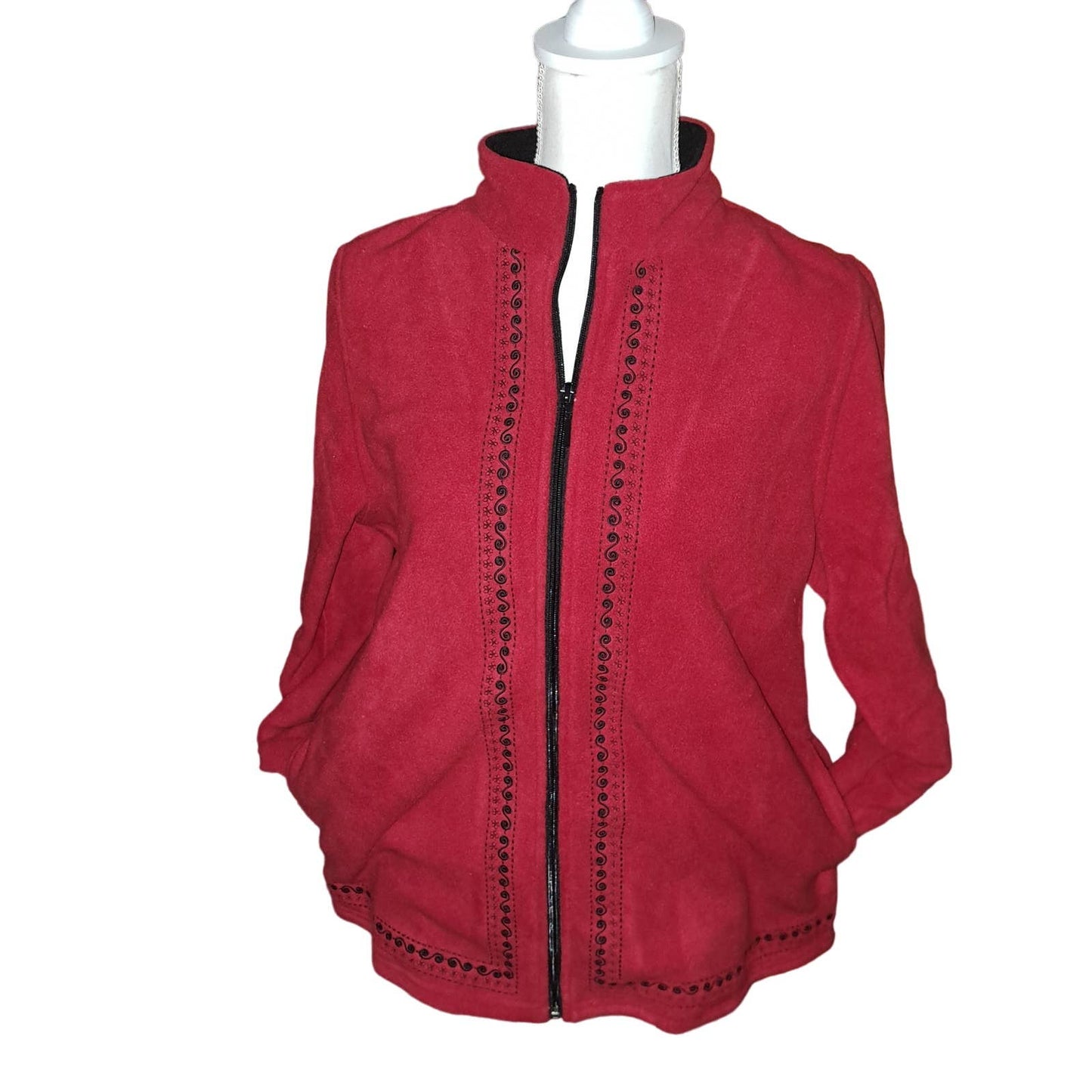NWT- Sport Savvy Zip Front Fleece Embroidered Trim Warm Up Set Medium, Red/Black