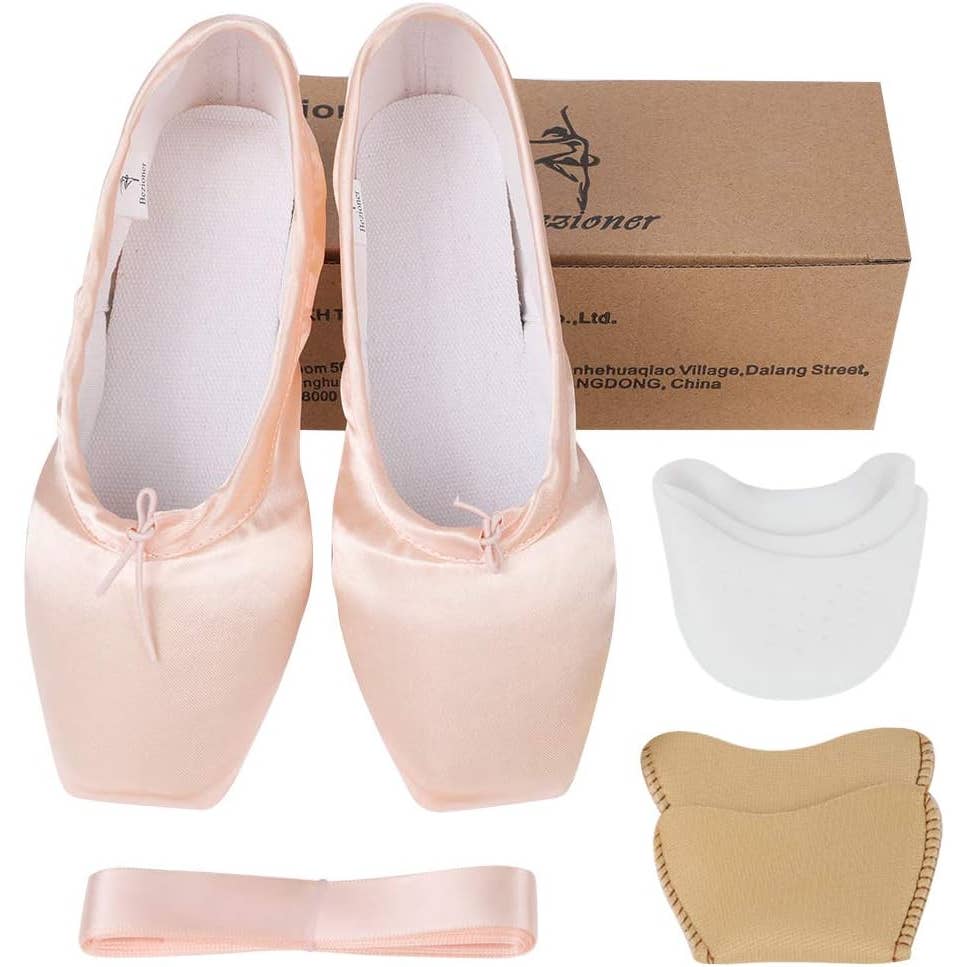 NIB-SZ 37EU/6.5 US Bezioner Pink Satin Ballet Pointe Dance Shoes Ribbon-Toe Pads