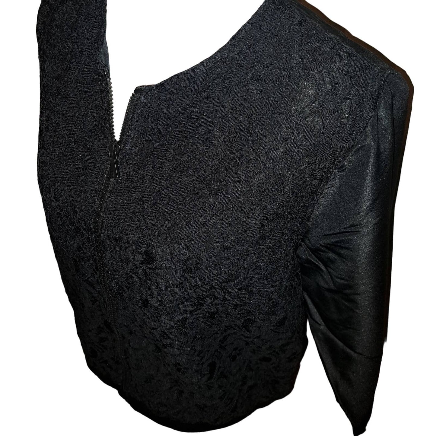 NIB- Isaac Mizrahi Live Black Quilted Lace Zip Jacket Rib Knit Trim -Medium