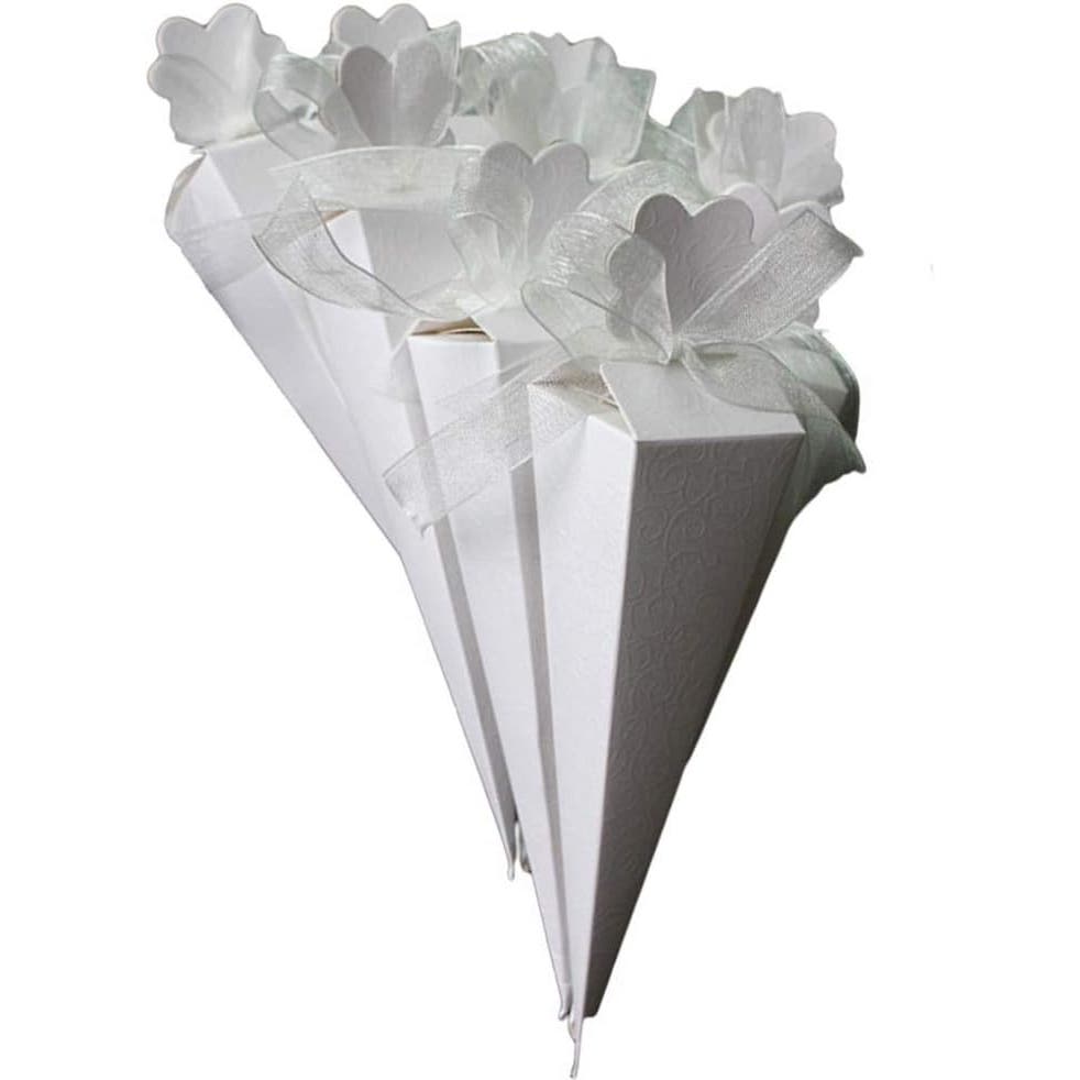 NEW 150 Beautiful White Cardboard Cones with Chiffon Ribbons for candy-weddings