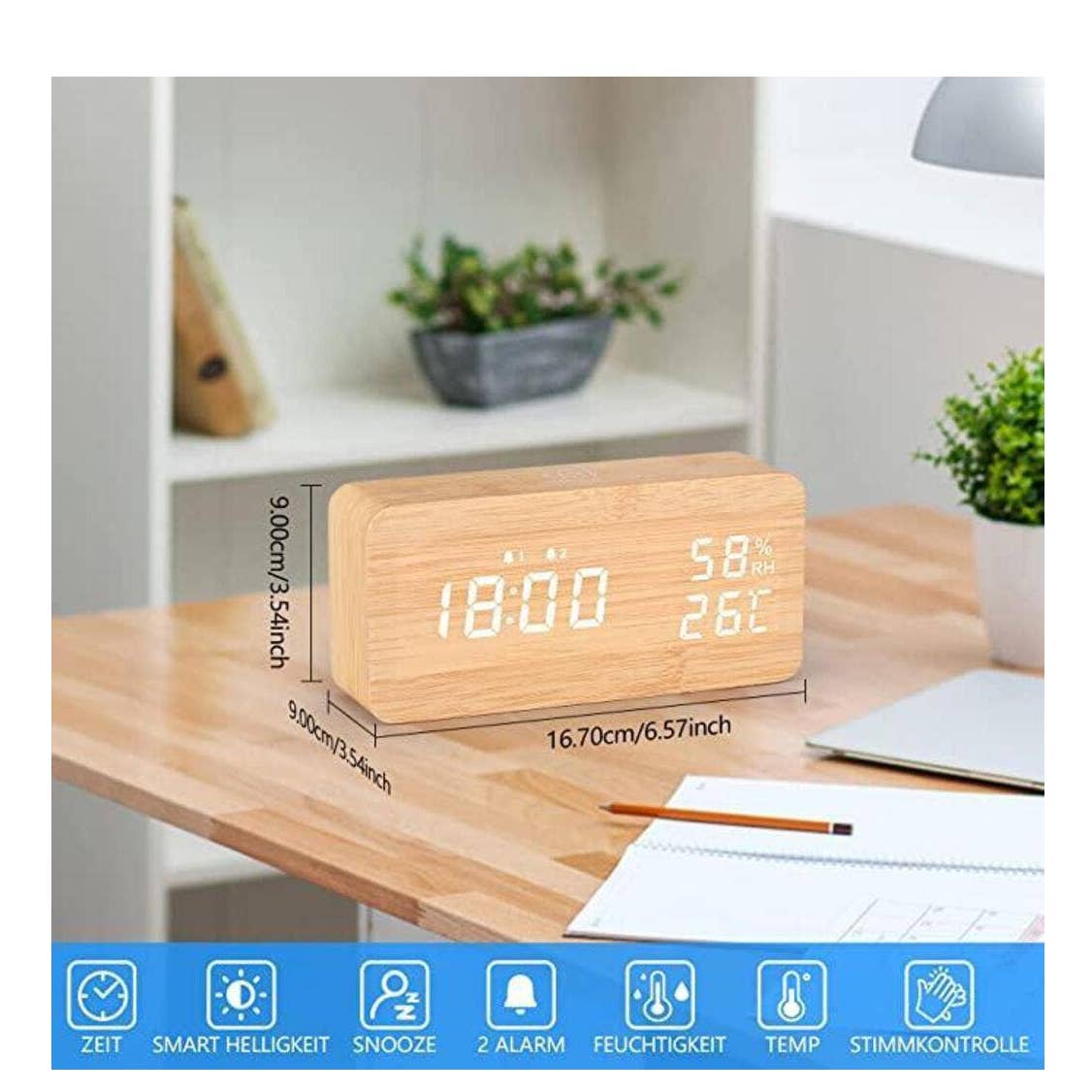 Bamboo Wood Digital Alarm Clock Adjustable Brightness Table Clock