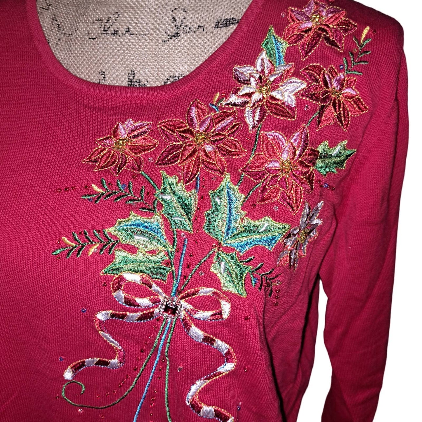 NWT-Quacker Factory Red Long Sleeve Poinsettia Bouquet Sweater Size: Med
