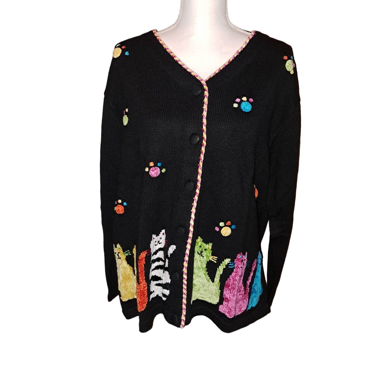 NWT-Quacker Factory Black Button Cardigan Embroidered Cats 1X