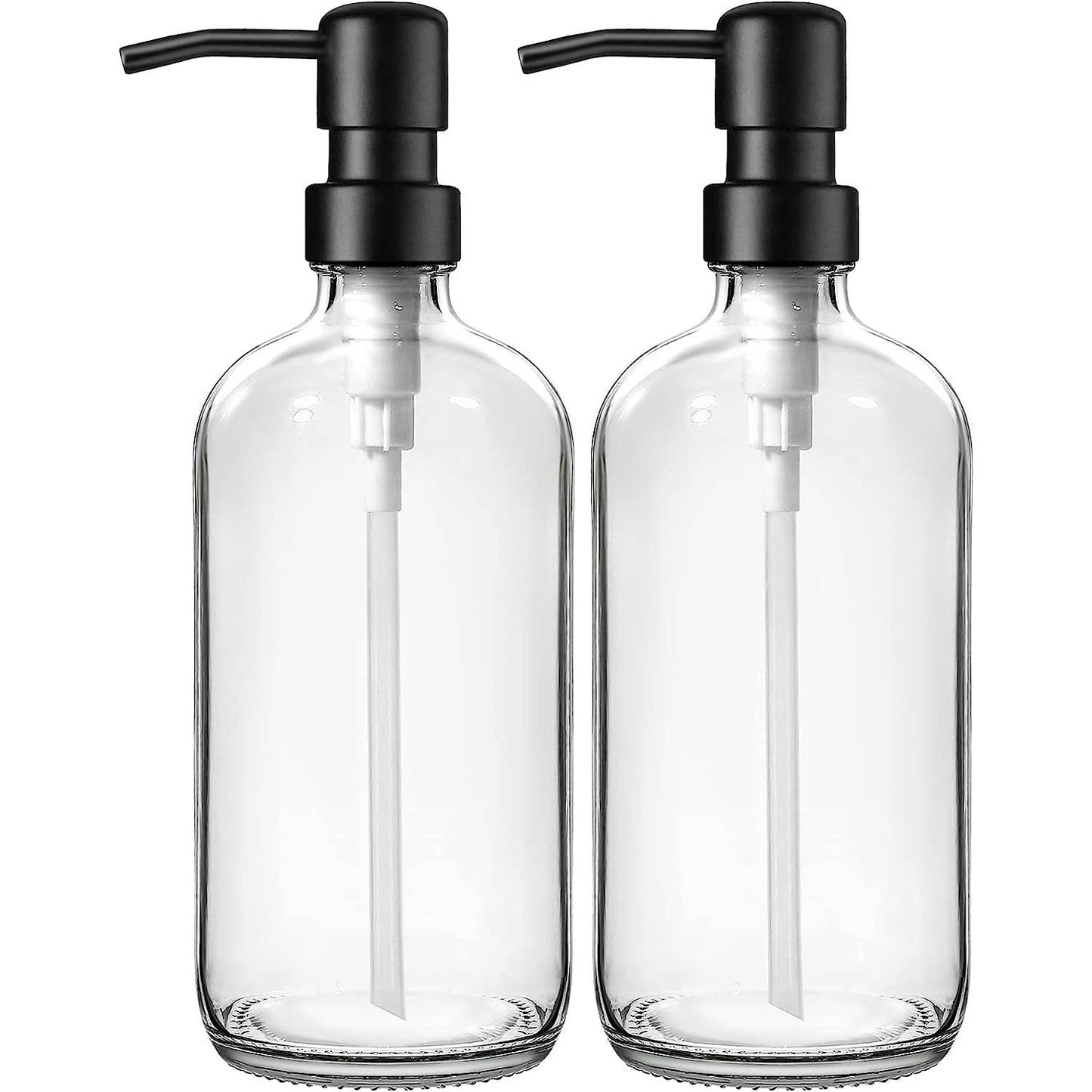 NIB- TWO Modern & Elegant Thick Glass Dispensers with Pumps 16OZ Ea