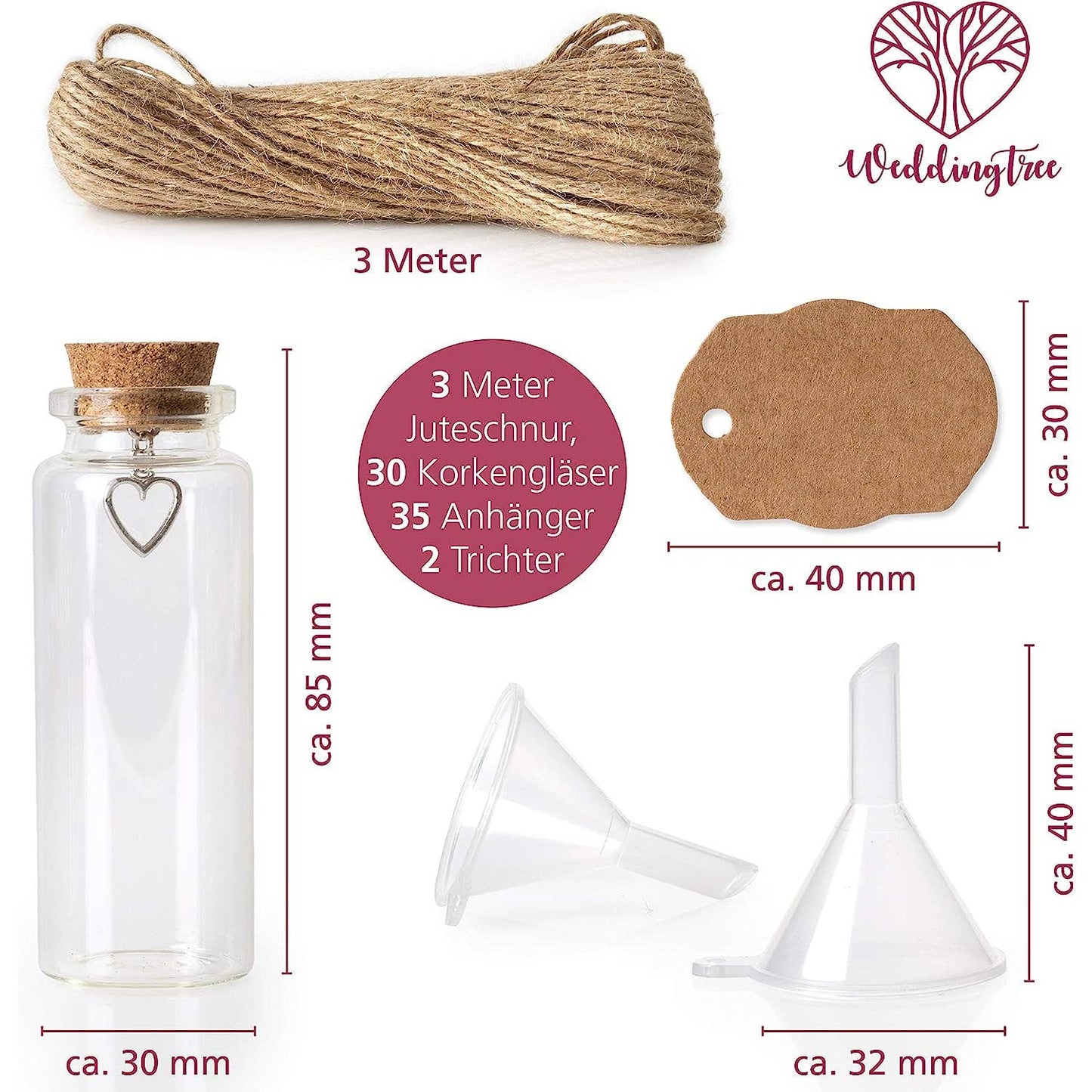 WeddingTree Small Glass Bottles with Cork Lids with Heart Pendant -Funnel