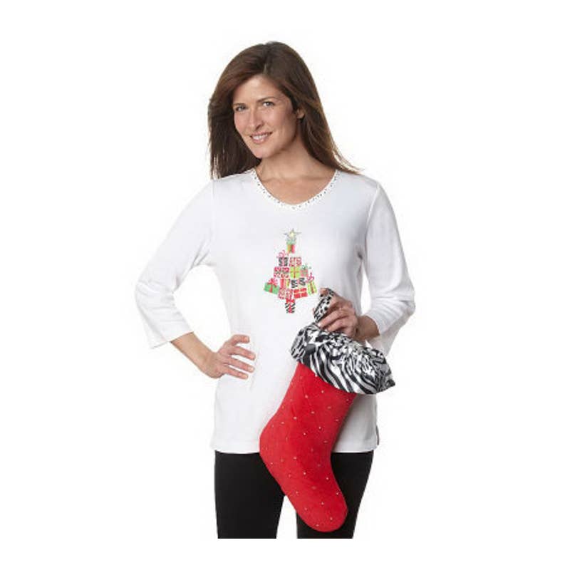 NWT- Ready for Gifting! Sz M White Holiday Quaker Factory 3/4 Sleeve & Stocking