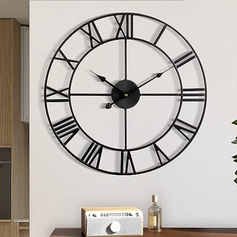 18.5 inch Large Wall Clock, Metal Retro Roman Numeral Clock, Black