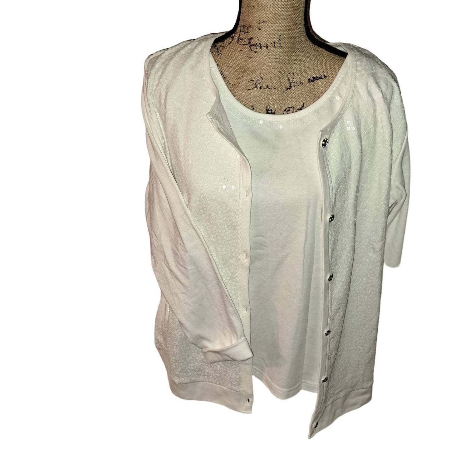 NEW Winter White Quaker factory Cardigan & attached Tee Crystal Buttons Large