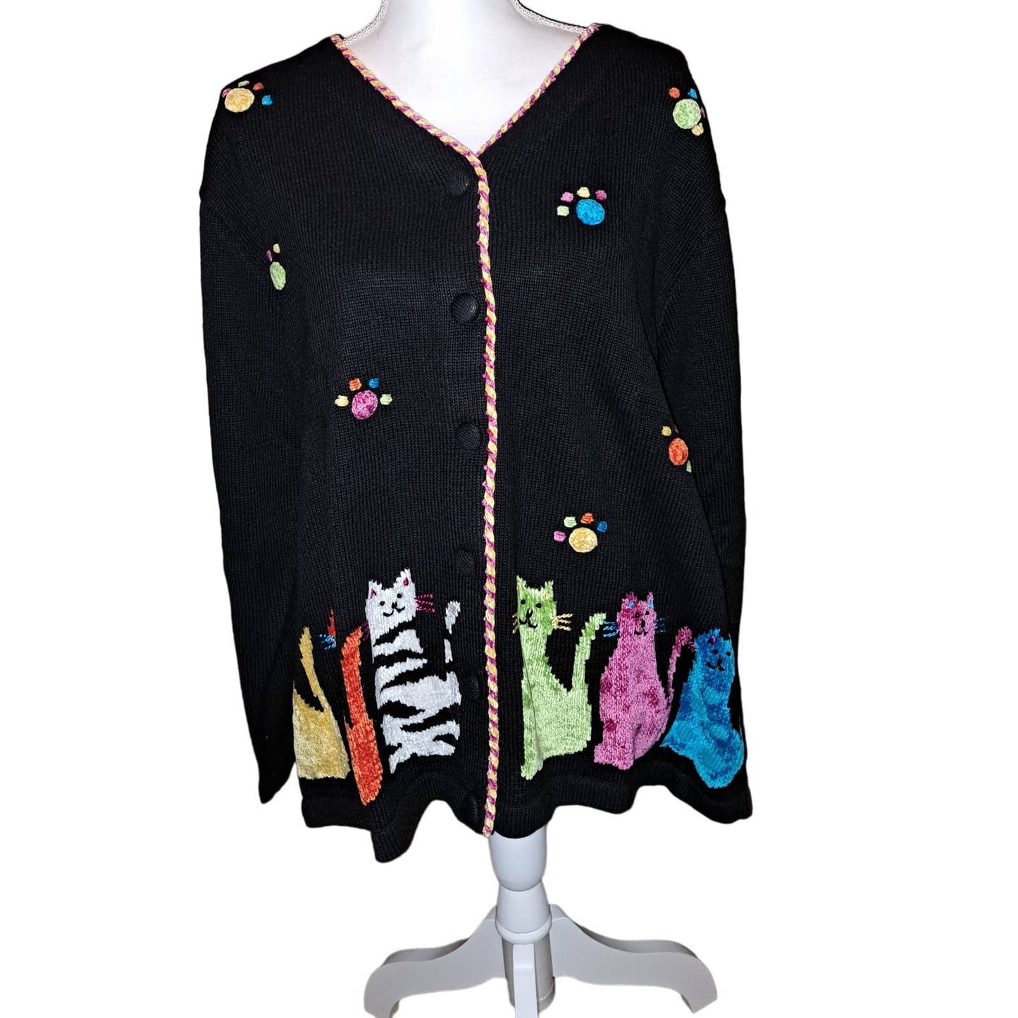 NWT-Quacker Factory Black Button Cardigan Embroidered Cats 1X