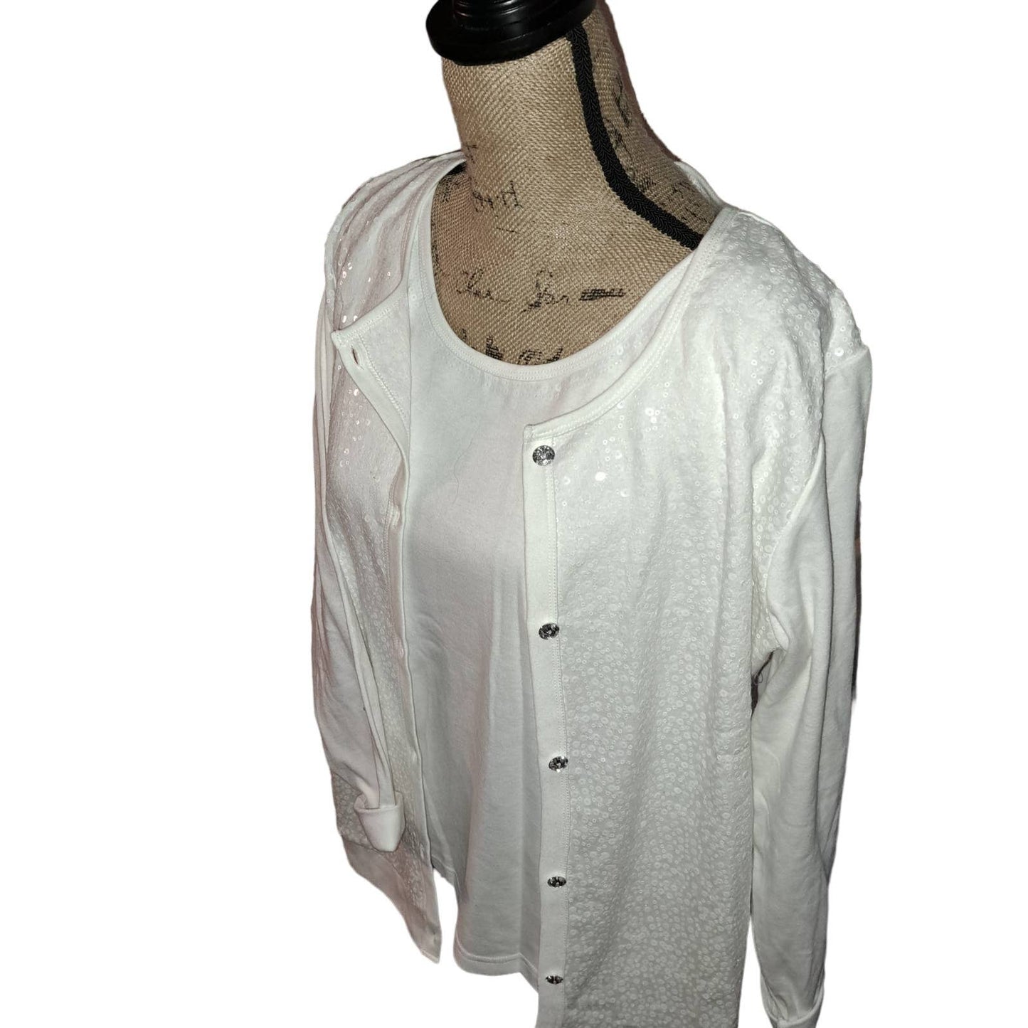 NEW Winter White Quaker factory Cardigan & attached Tee Crystal Buttons Large