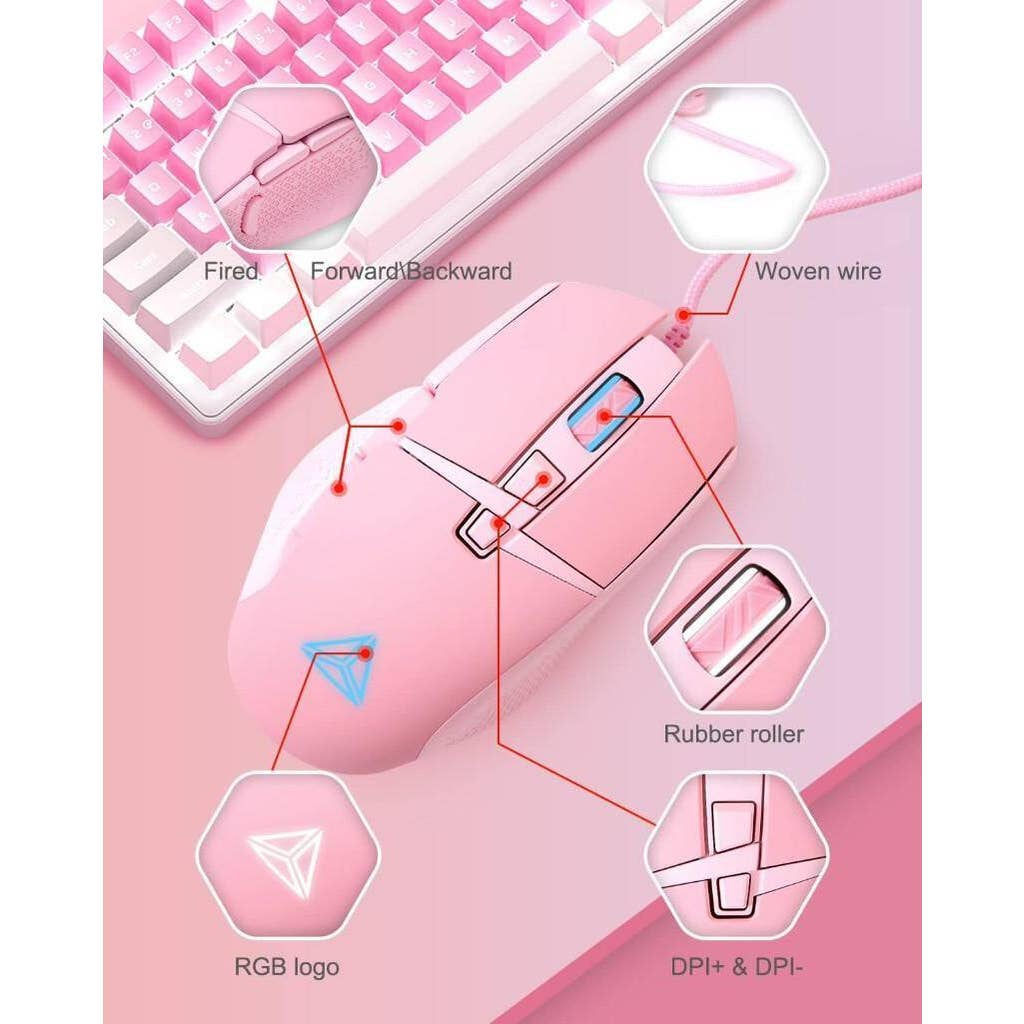 Pink wired play mouse with USB Ergonomic Gaming cable with backlight