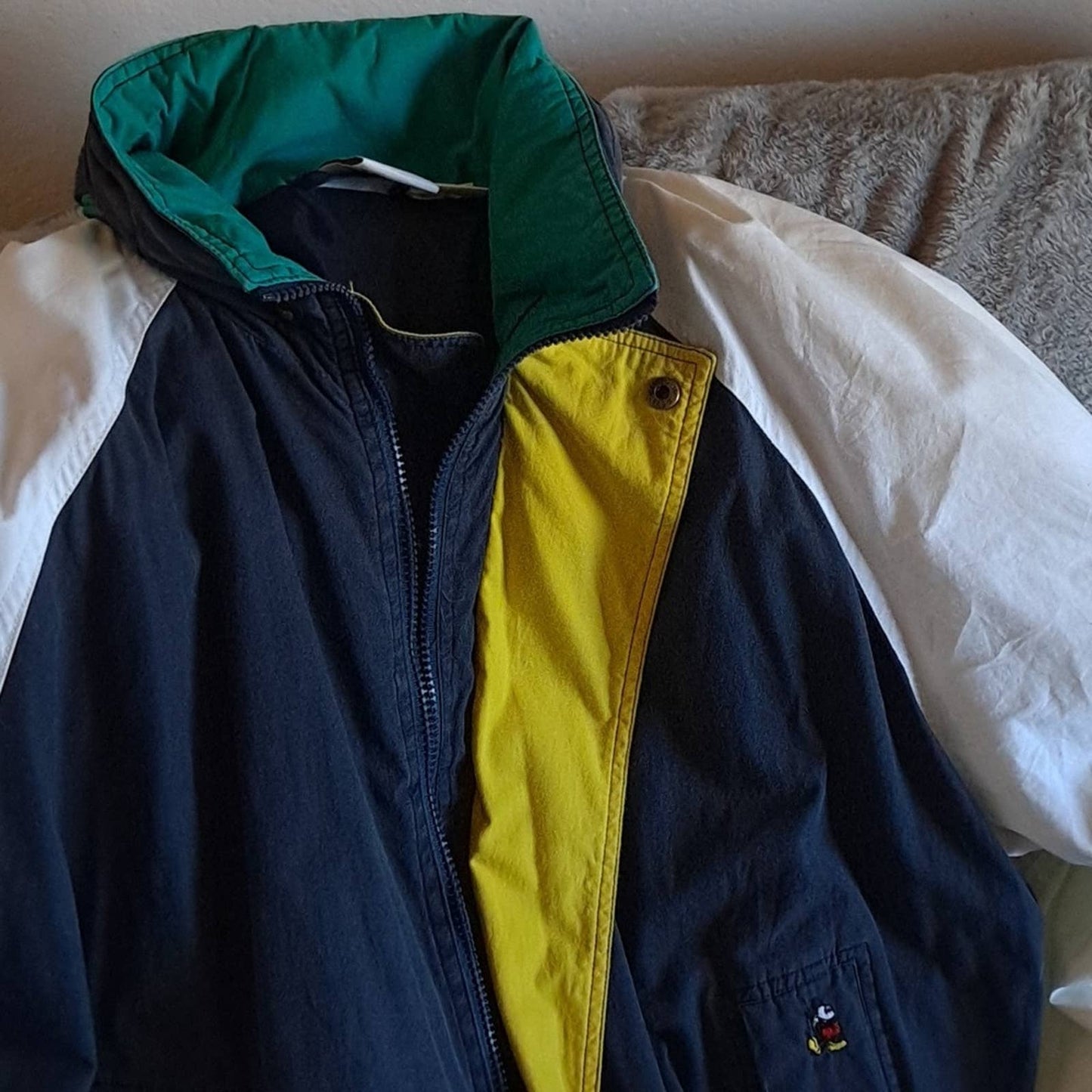 Mickey  multi-colored lined windbreaker with hidden hood. Used but in good shape. LG