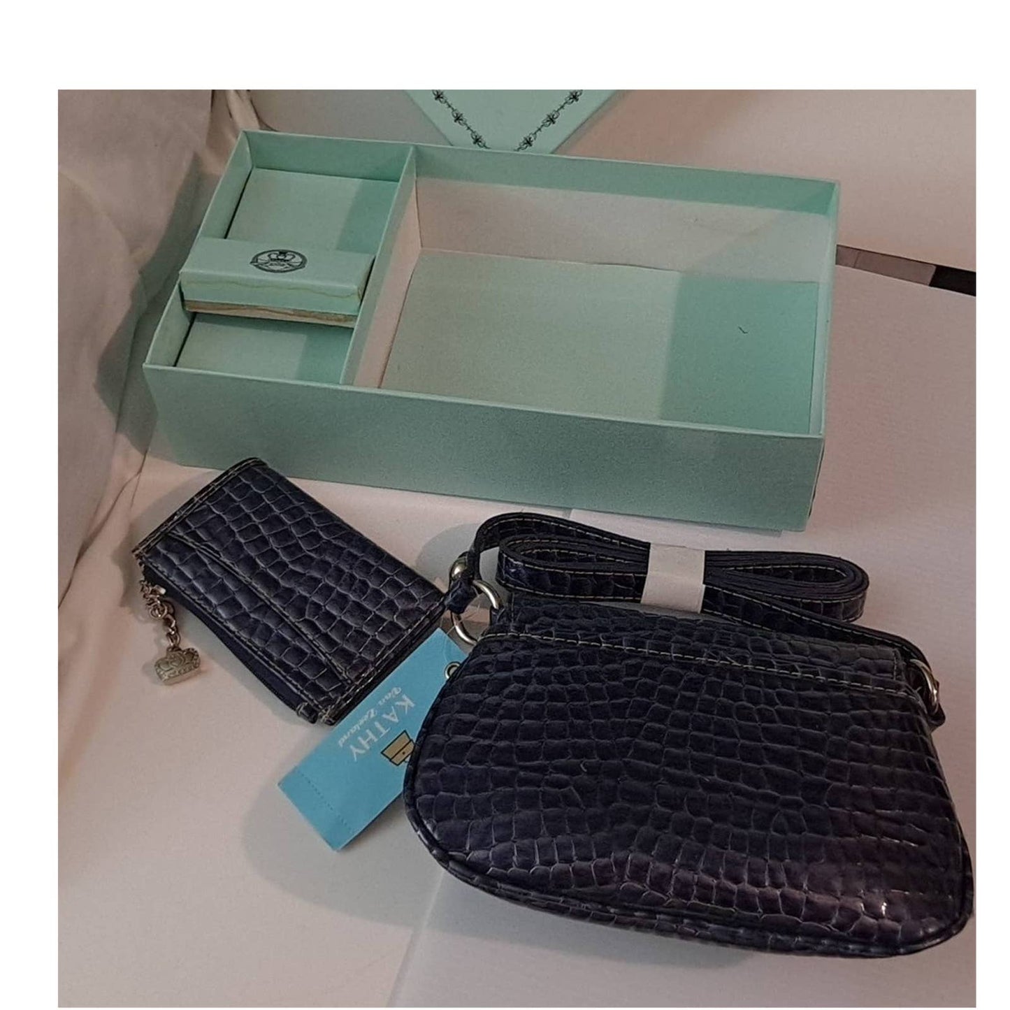 New crossbody Kathy Van Zeeland Blue/Black faux Alligator small party purse