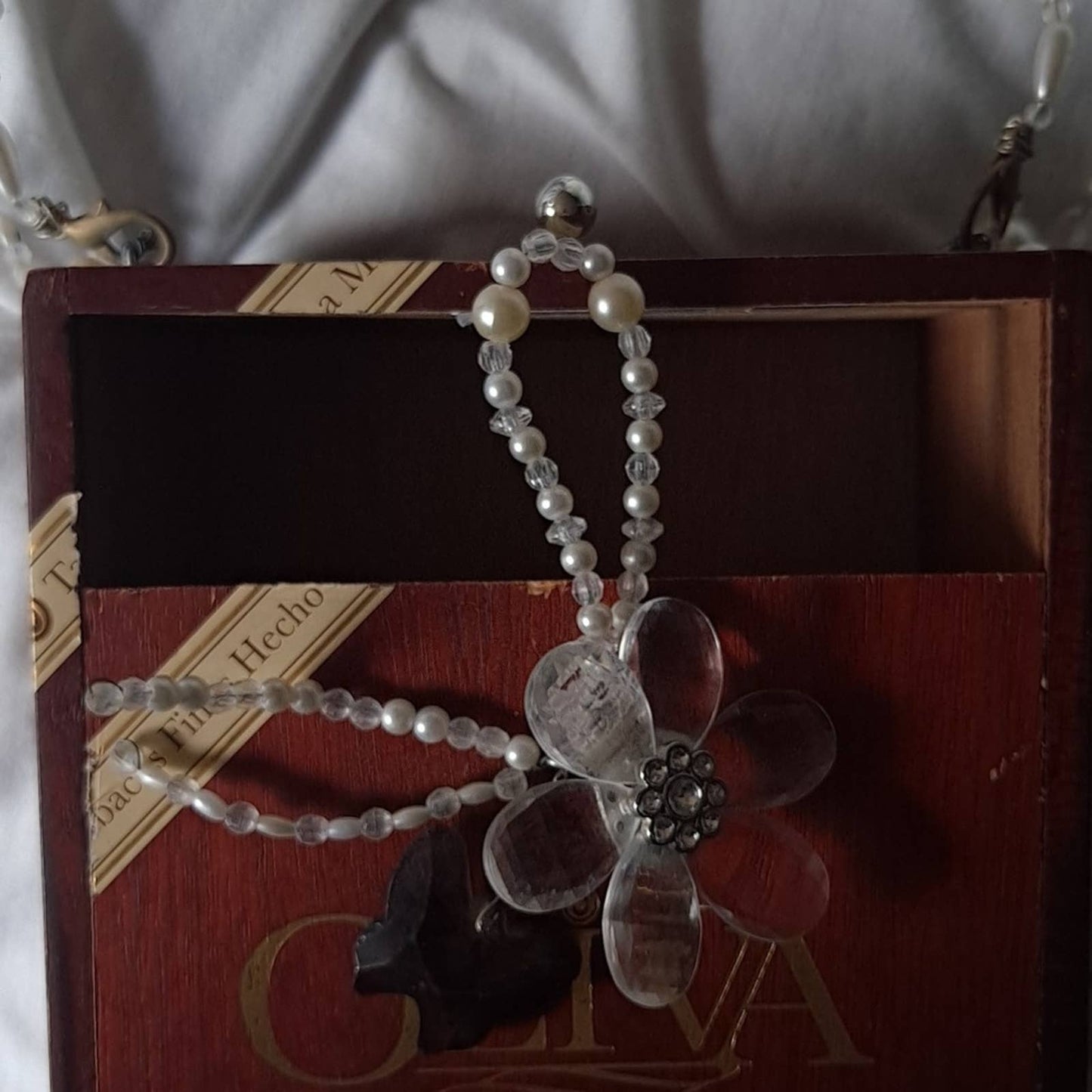 Cigar box purse with faux crystal & pearl accents and dark wood Oliva cigar box