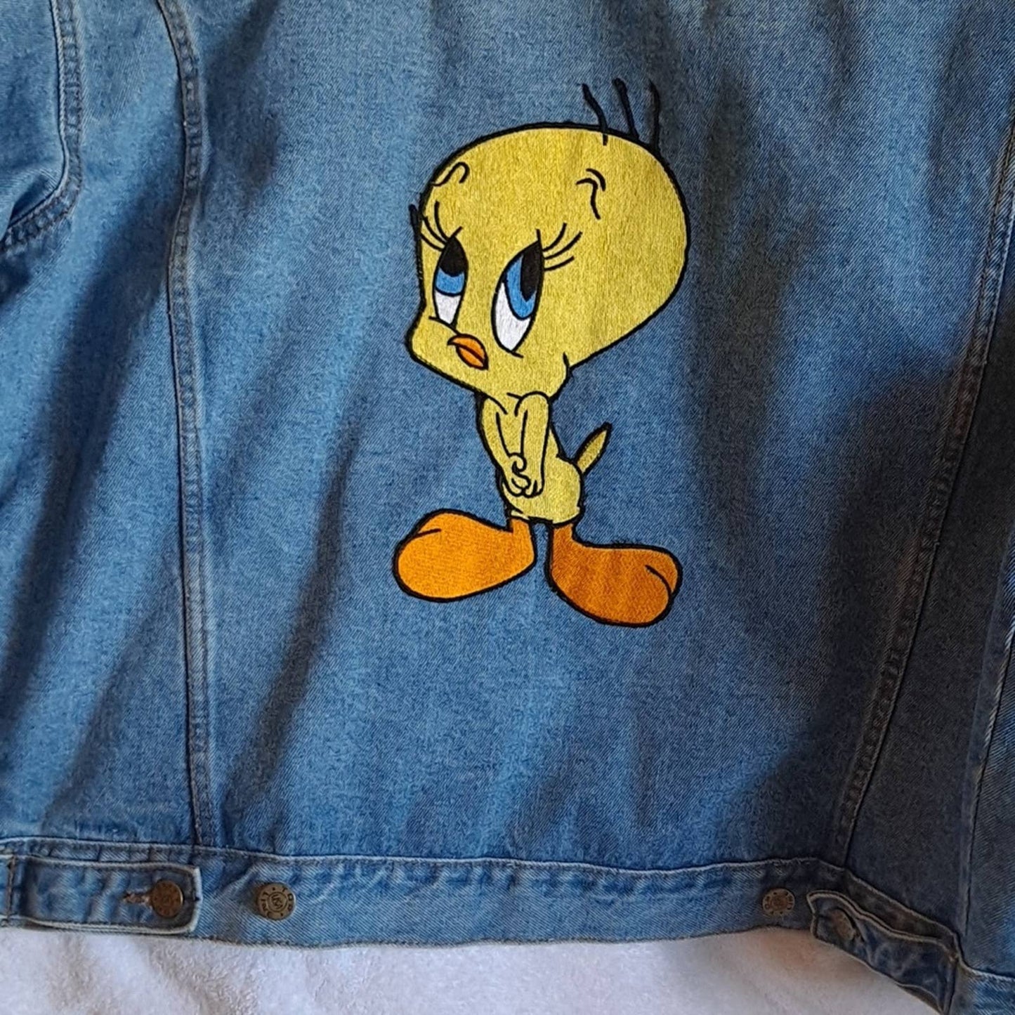 Extra Heavy XL Tweety Bird Denim jacket in great shape 1992ish VINTAGE